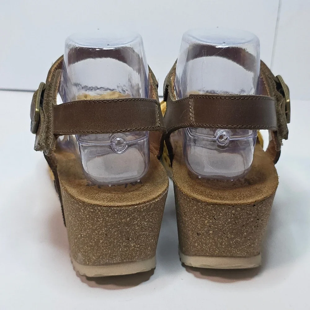 Wanda Panda W's Cork WedgeSandalsYellowFlower‎ Cutout Brown Ankle Strap Sz 41